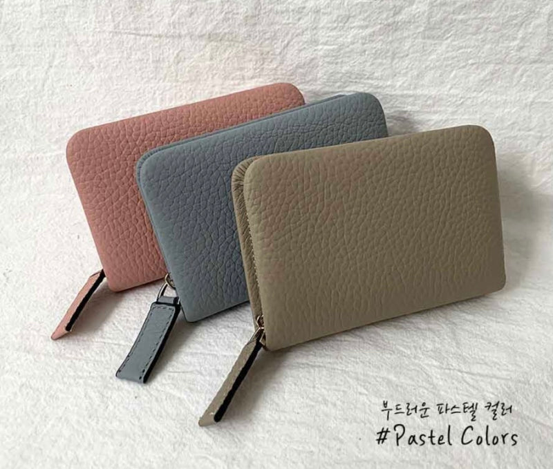 LEATHER SIMPLE ZIPPER CARD WALLET [Pastel pink, Blue]