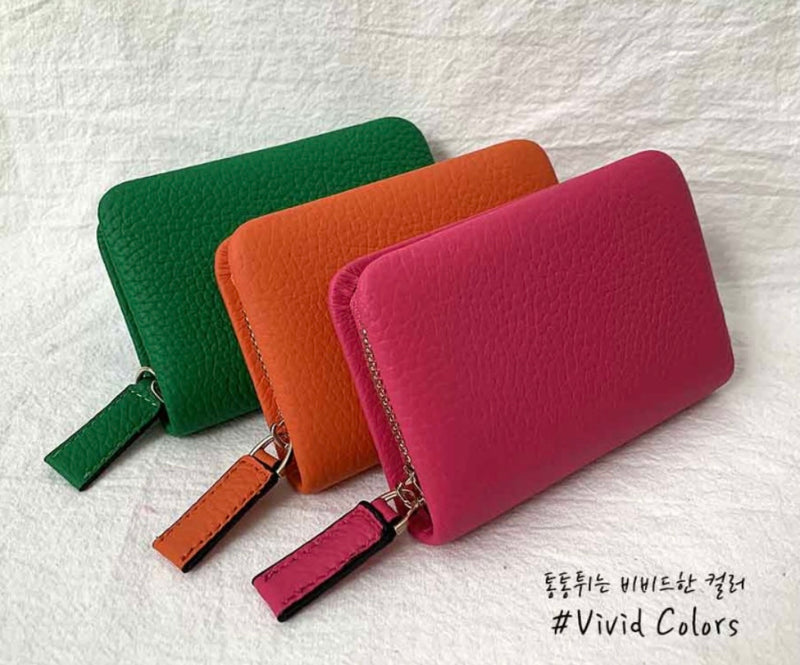 LEATHER SIMPLE ZIPPER CARD WALLET [Pastel pink, Blue]