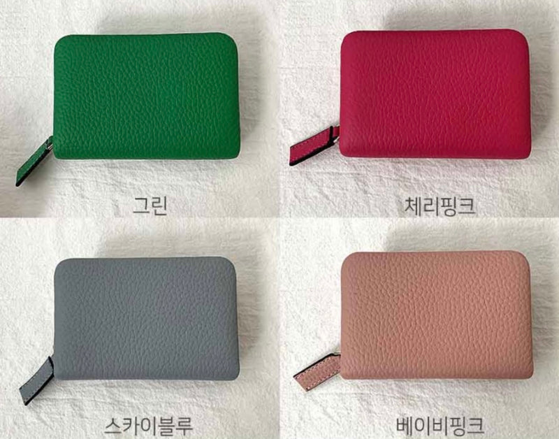 LEATHER SIMPLE ZIPPER CARD WALLET [Pastel pink, Blue]