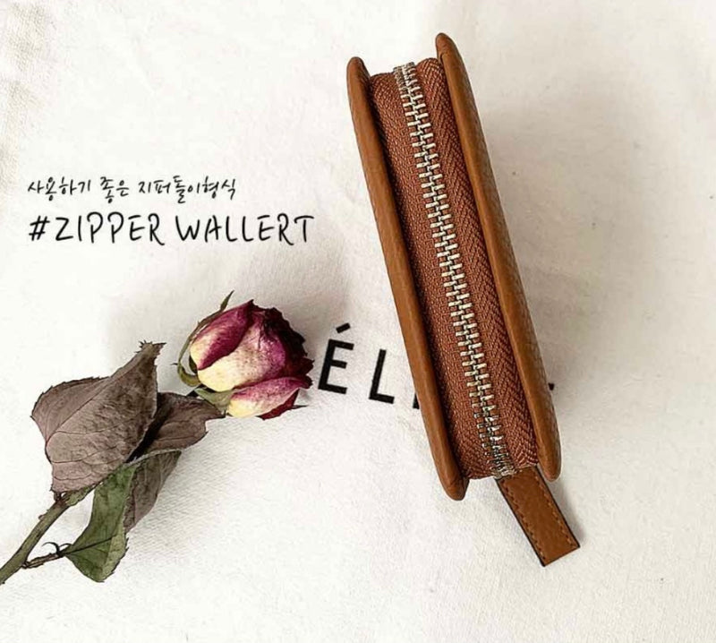LEATHER SIMPLE ZIPPER CARD WALLET [Pastel pink, Blue]